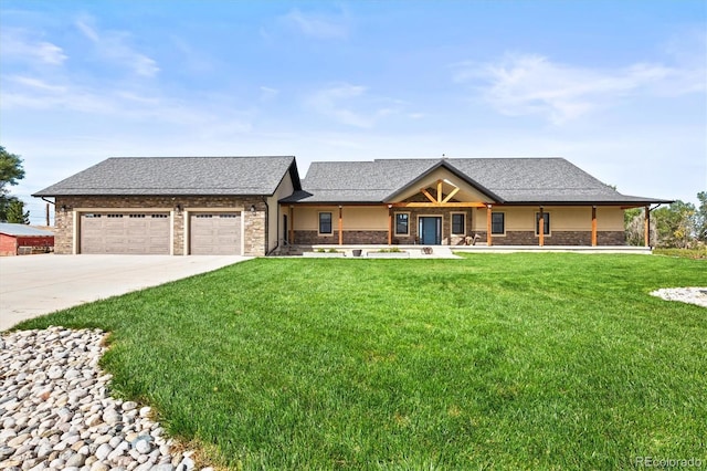 6331 County Road 32, Platteville, CO 80651 - view of front of house featuring concrete driveway, a garage, a porch, a front yard, and stone siding