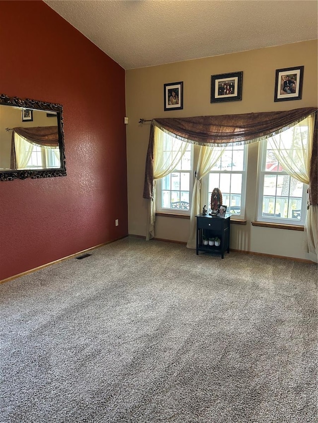 carpeted empty room featuring a textured wall and a textured ceiling