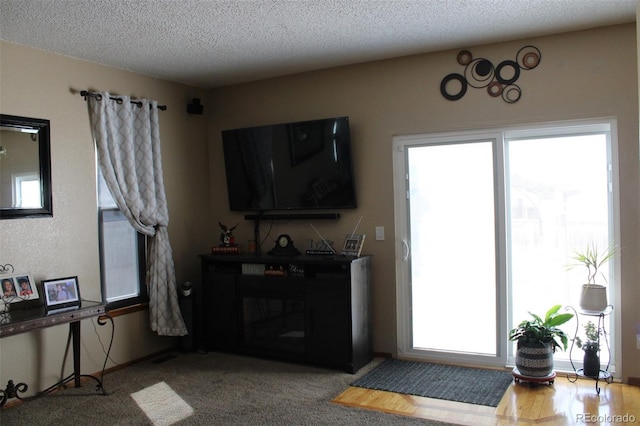 living area featuring a textured ceiling