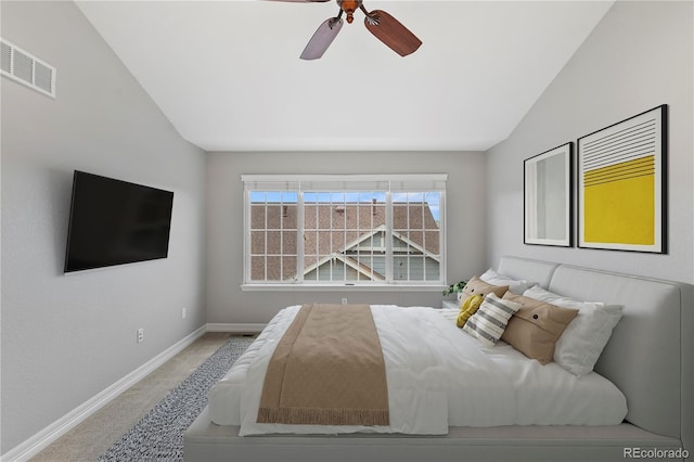 bedroom with carpet, visible vents, baseboards, lofted ceiling, and ceiling fan