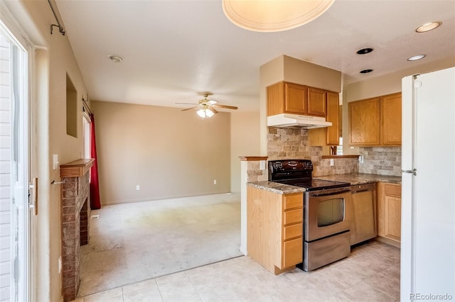 2035 Overland Dr, Brighton, CO 80601 - kitchen featuring stainless steel electric range oven, freestanding refrigerator, under cabinet range hood, a ceiling fan, and light colored carpet