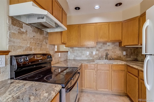 2035 Overland Dr, Brighton, CO 80601 - kitchen with electric range, a sink, under cabinet range hood, freestanding refrigerator, and tasteful backsplash
