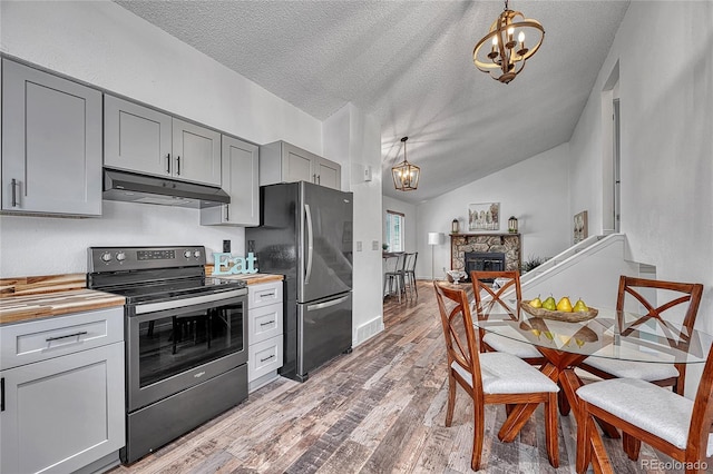 4726 S Taft St, Morrison, CO 80465 - kitchen with under cabinet range hood, stainless steel appliances, a textured ceiling, a chandelier, and vaulted ceiling