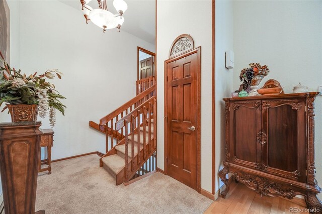 foyer entrance featuring an inviting chandelier, baseboards, and light colored carpet