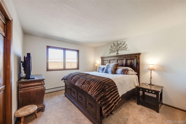 bedroom featuring baseboards, a baseboard radiator, light carpet, and a textured ceiling