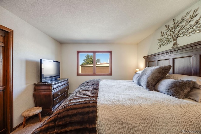 bedroom with carpet and a textured ceiling