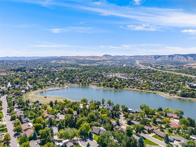 bird's eye view featuring a water and mountain view
