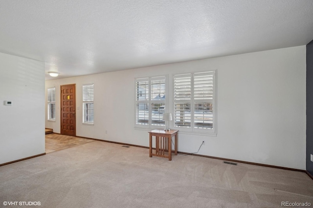 unfurnished room with light carpet and a textured ceiling