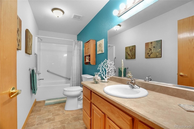 bathroom featuring shower / tub combo with curtain, visible vents, toilet, stone finish floor, and vanity