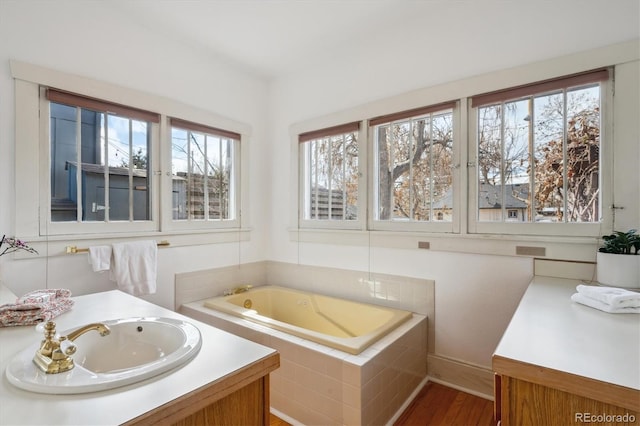 bathroom with a garden tub, vanity, and wood finished floors