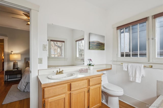 bathroom with ensuite bathroom, vanity, toilet, and wood finished floors