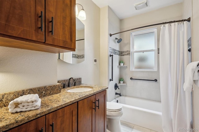 full bath with shower / tub combo with curtain, visible vents, toilet, vanity, and tile patterned flooring