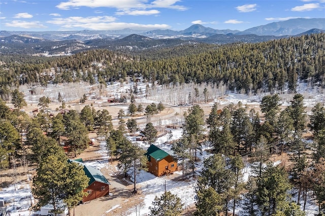 snowy aerial view with a mountain view