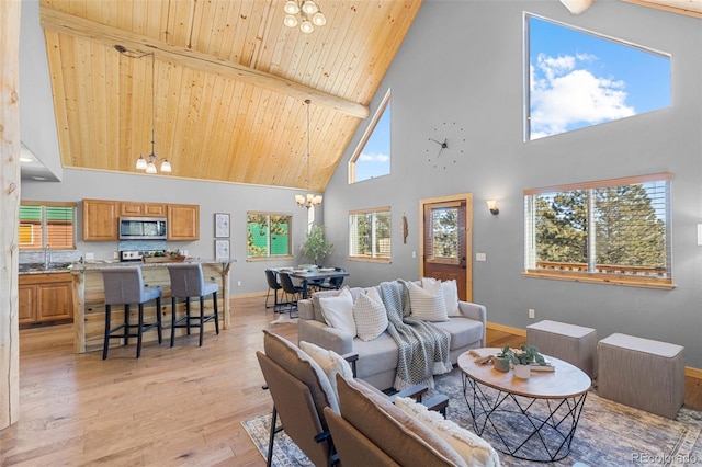 living room featuring an inviting chandelier, high vaulted ceiling, wooden ceiling, beam ceiling, and light hardwood / wood-style flooring