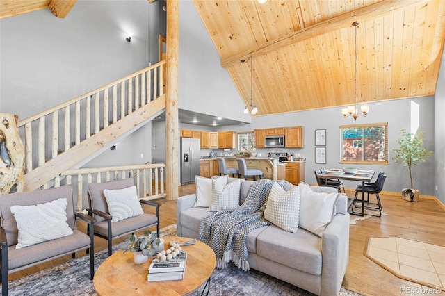 living room featuring wood ceiling, a notable chandelier, beam ceiling, and light hardwood / wood-style flooring