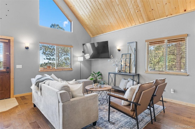 living room featuring hardwood / wood-style flooring, a wealth of natural light, and wood ceiling