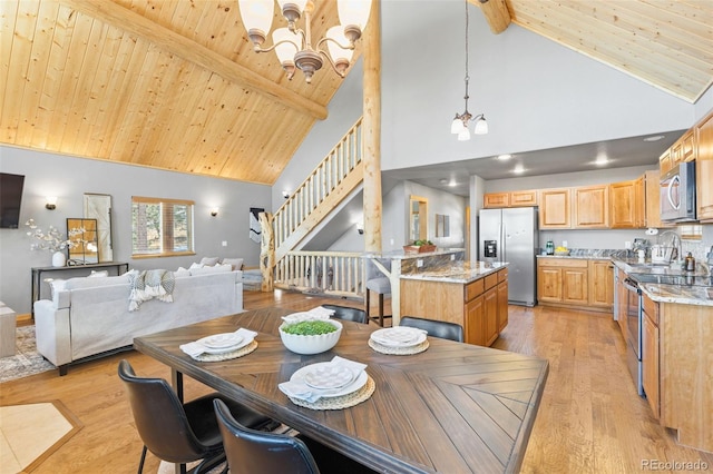 dining room featuring high vaulted ceiling, beamed ceiling, a notable chandelier, wood ceiling, and light hardwood / wood-style floors