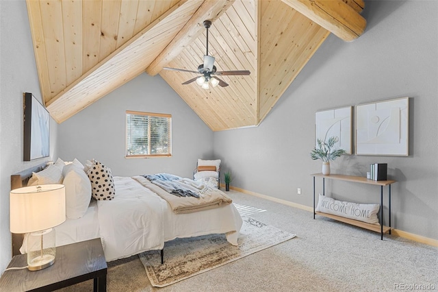 carpeted bedroom featuring vaulted ceiling with beams and ceiling fan