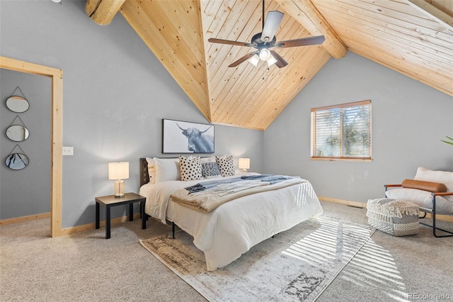 bedroom with vaulted ceiling with beams, wood ceiling, ceiling fan, and carpet