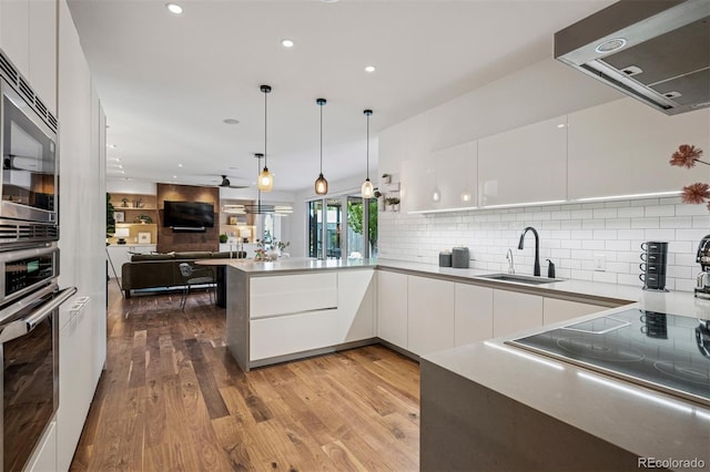 kitchen with white cabinetry, a sink, extractor fan, and modern cabinets