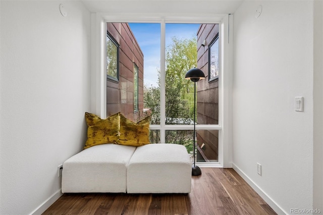 living area featuring baseboards and wood finished floors