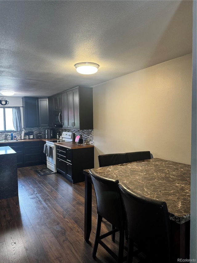 1254 S Reed St Unit 1, Lakewood, CO 80232 - kitchen with electric range, dark wood finished floors, backsplash, a textured ceiling, and dark countertops