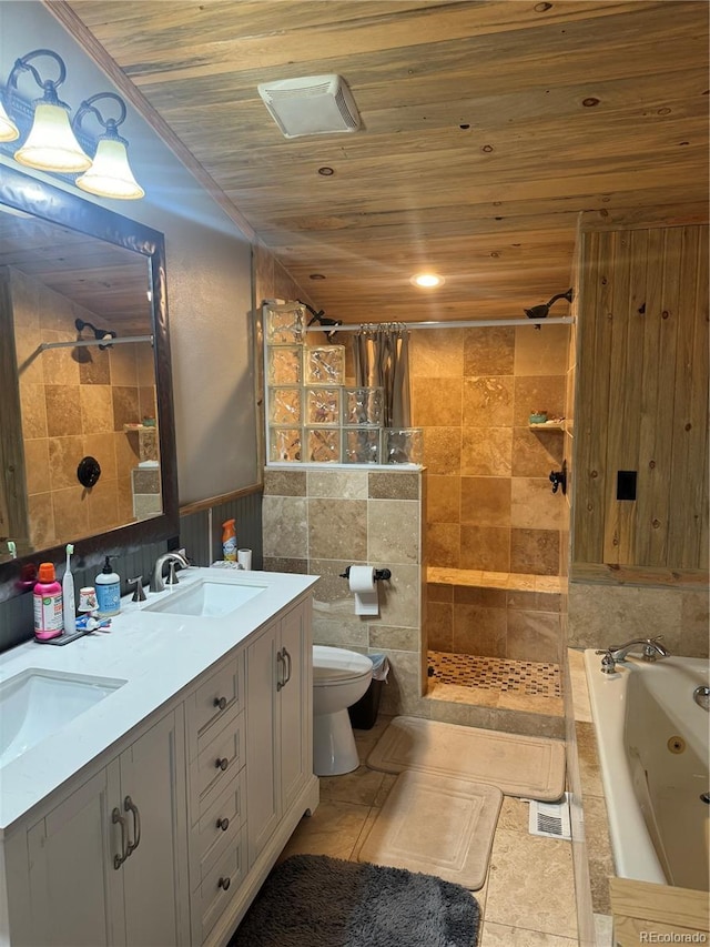 1254 S Reed St Unit 1, Lakewood, CO 80232 - bathroom with a tub with jets, tile walls, wooden ceiling, a tile shower, and double vanity