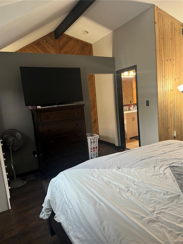 1254 S Reed St Unit 1, Lakewood, CO 80232 - bedroom featuring beam ceiling, wood finished floors, connected bathroom, and high vaulted ceiling