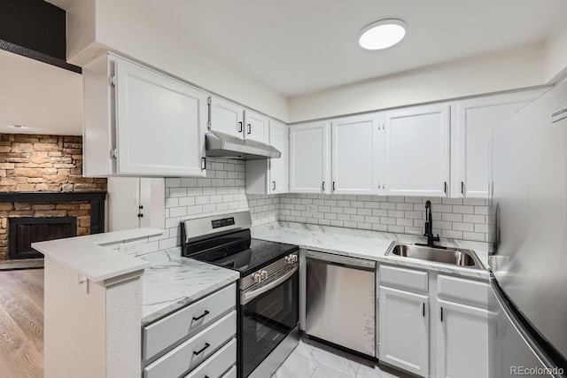 kitchen with stainless steel appliances, a sink, under cabinet range hood, and decorative backsplash