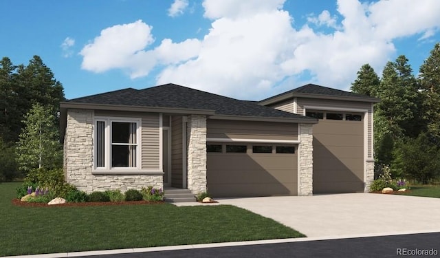 475 S Cedar St, Keenesburg, CO 80643 - prairie-style house with stone siding, a garage, driveway, and a front lawn