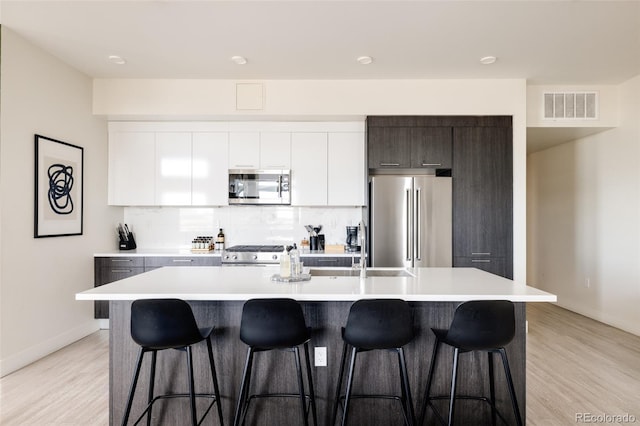 kitchen with a kitchen island with sink, a kitchen breakfast bar, white cabinets, and appliances with stainless steel finishes