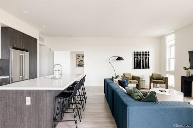 living room featuring sink and light wood-type flooring