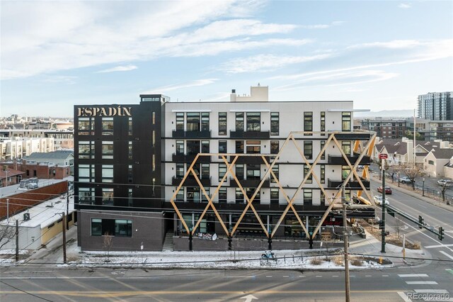 view of snow covered building