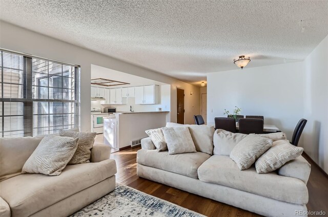 living area featuring visible vents, wood finished floors, and a textured ceiling
