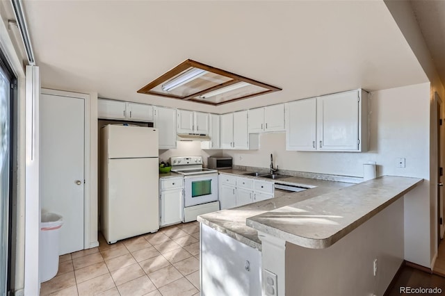 kitchen with a sink, white appliances, a peninsula, under cabinet range hood, and white cabinetry
