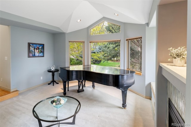 miscellaneous room with light colored carpet and lofted ceiling