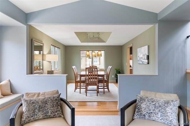 dining area featuring lofted ceiling and hardwood / wood-style flooring