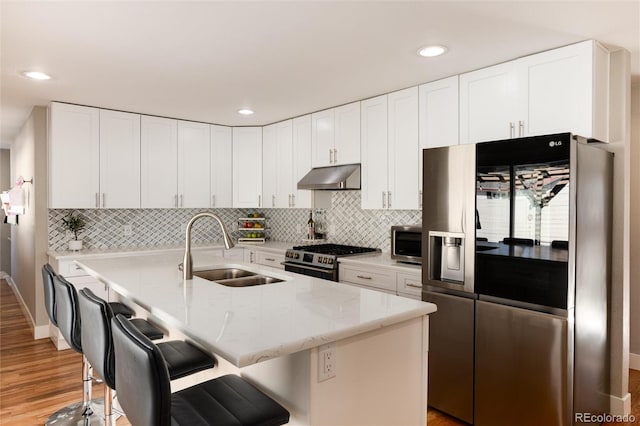 kitchen featuring stainless steel appliances, tasteful backsplash, white cabinetry, a sink, and under cabinet range hood