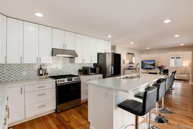 kitchen with appliances with stainless steel finishes, open floor plan, a sink, wood finished floors, and under cabinet range hood