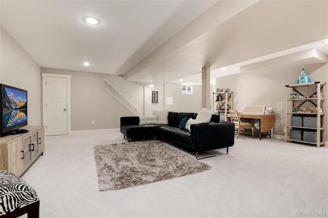 living area featuring recessed lighting, light carpet, and baseboards