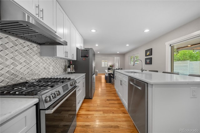 7155 E Exposition Ave, Denver, CO 80224 - kitchen featuring stainless steel appliances, under cabinet range hood, white cabinetry, light wood finished floors, and backsplash
