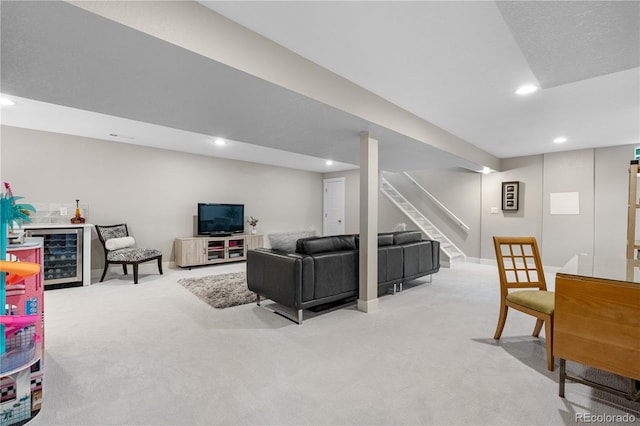 7155 E Exposition Ave, Denver, CO 80224 - carpeted living room featuring wine cooler, stairs, recessed lighting, and a dry bar