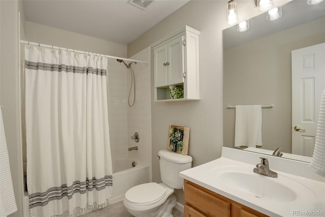 full bath featuring shower / bath combo, visible vents, toilet, vanity, and tile patterned flooring
