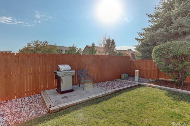 view of yard with a fenced backyard and a patio