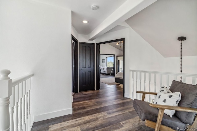 7388 S Ireland Cir, Centennial, CO 80016 - hall featuring lofted ceiling, wood finished floors, an upstairs landing, and recessed lighting