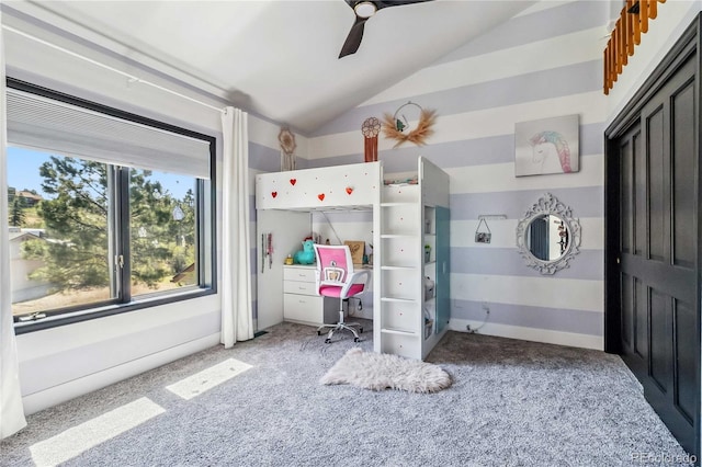 7388 S Ireland Cir, Centennial, CO 80016 - bedroom featuring light carpet, vaulted ceiling, and ceiling fan