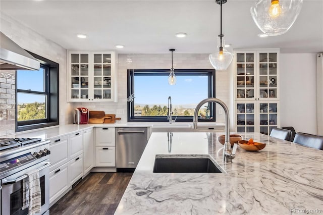 7388 S Ireland Cir, Centennial, CO 80016 - kitchen with appliances with stainless steel finishes, light stone counters, glass insert cabinets, white cabinets, and decorative backsplash