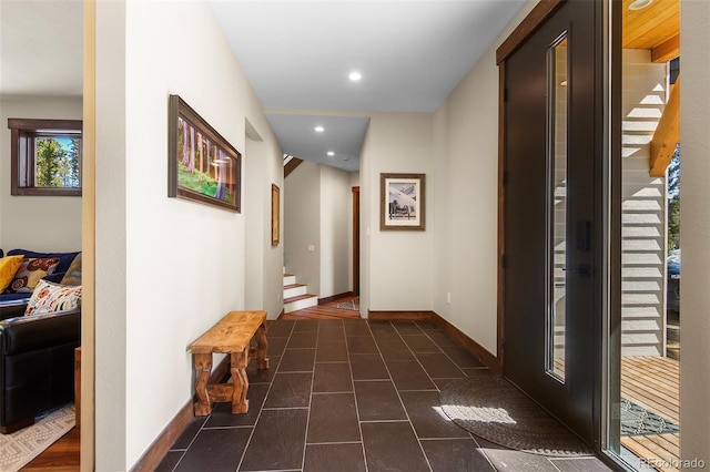 209 American Way, Breckenridge, CO 80424 - corridor with stairs, dark tile patterned flooring, and recessed lighting
