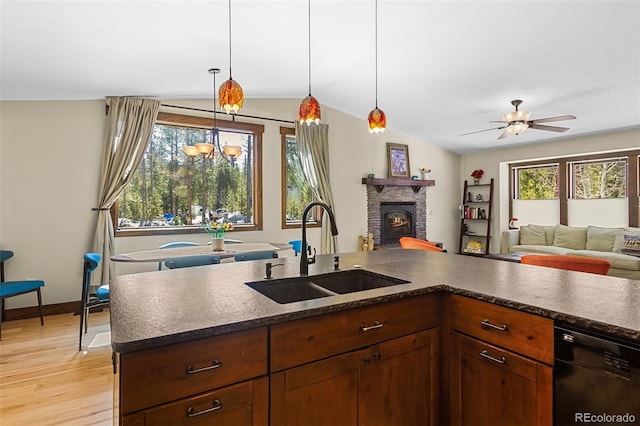 209 American Way, Breckenridge, CO 80424 - kitchen with dishwasher, light wood finished floors, lofted ceiling, pendant lighting, and a ceiling fan