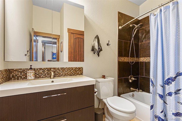 209 American Way, Breckenridge, CO 80424 - full bath with vanity, shower / bath combo, backsplash, and a textured wall
